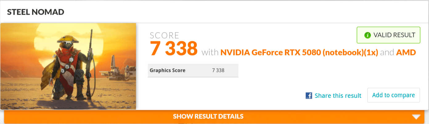 3DMark Steel Nomad valid result: 7,338 on an RTX 5080 notebook GPU