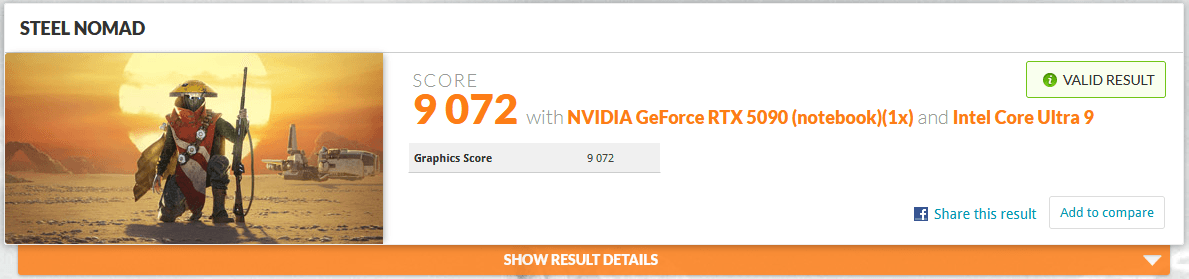 3DMark Steel Nomad valid result: 9,072 on an RTX 5090 notebook GPU