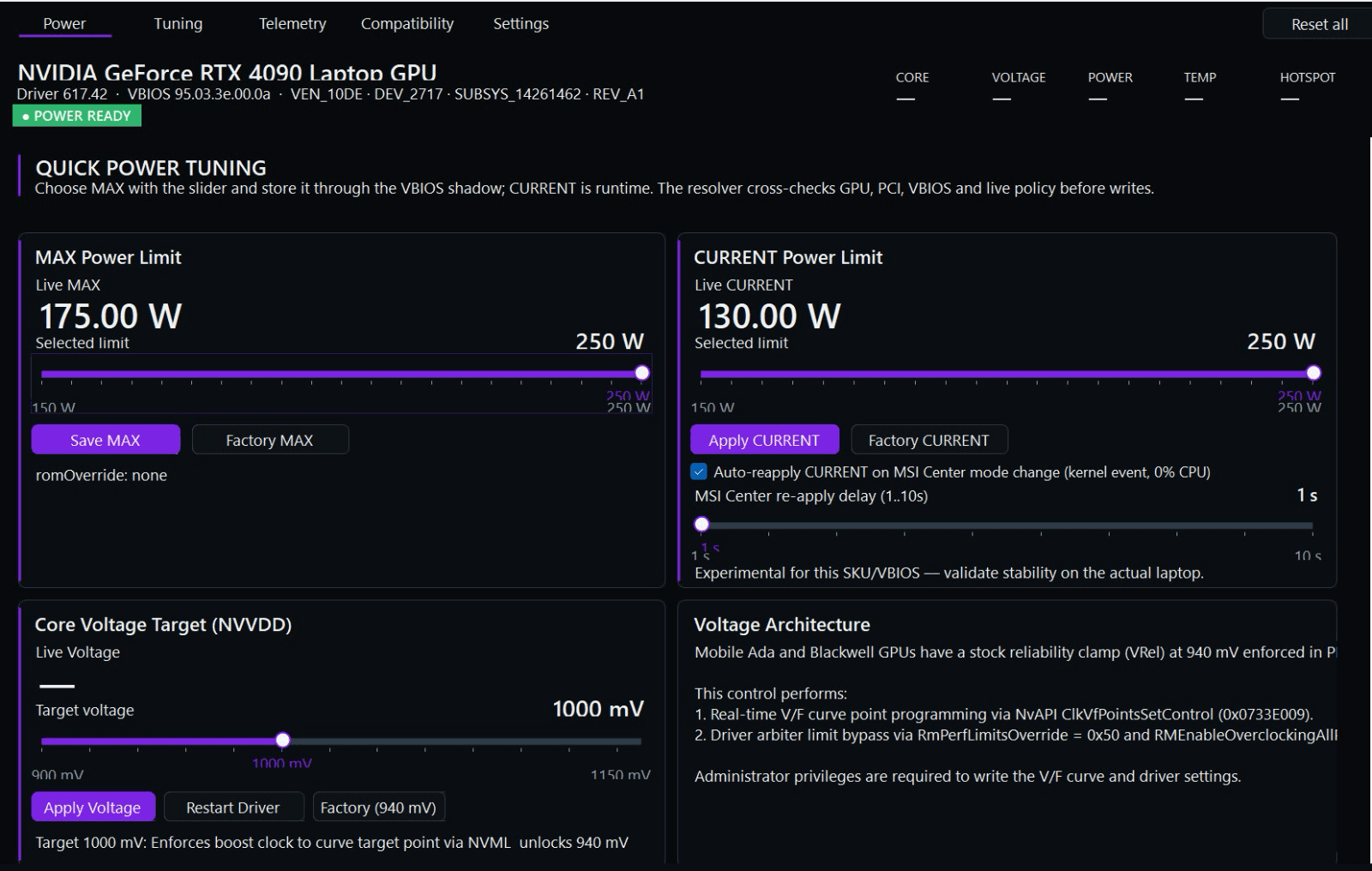 NvpwrControl Power tab on an RTX 4090 Laptop GPU: MAX and CURRENT power limits set to 250 W