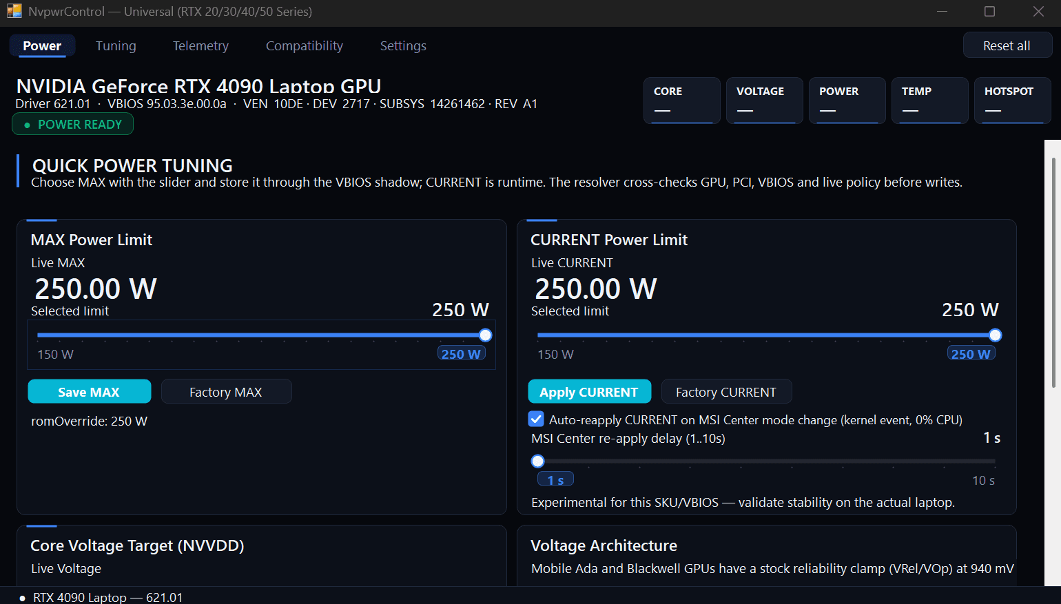 RTX 4090 Laptop GPU’da NvpwrControl Güç sekmesi: MAX ve CURRENT güç limitleri 250 W olarak ayarlanmış